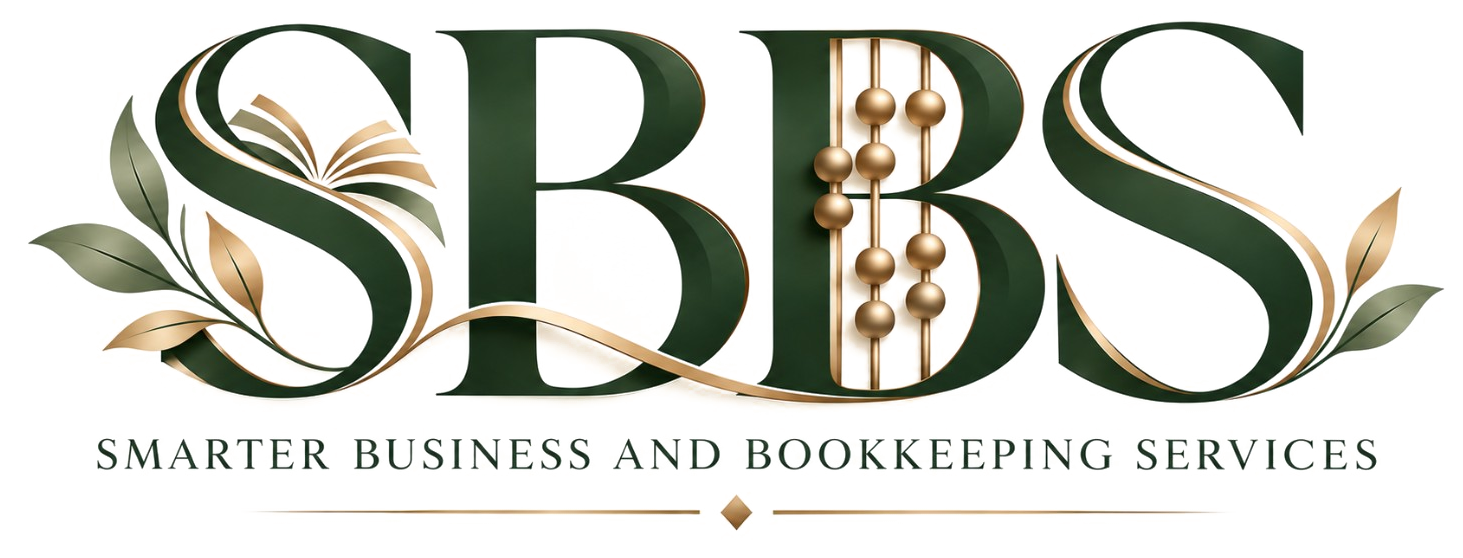 SBBServices logo — Smarter Business and Bookkeeping Services featuring an open book, abacus and leaves